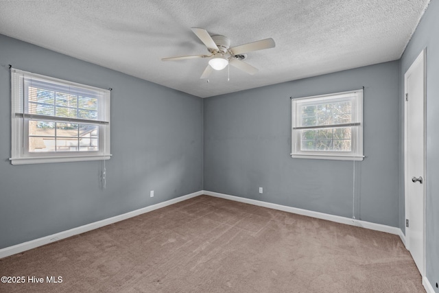 carpeted empty room featuring ceiling fan, plenty of natural light, and a textured ceiling