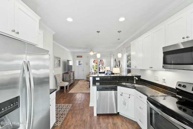 kitchen featuring appliances with stainless steel finishes, ceiling fan, crown molding, dark wood-type flooring, and decorative light fixtures