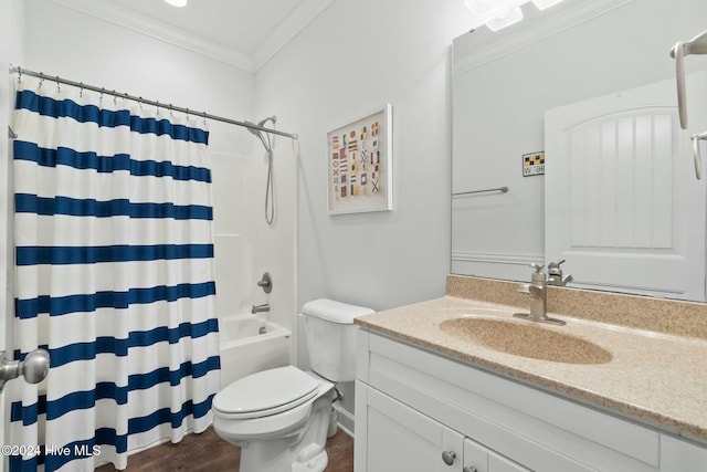 full bathroom with vanity, toilet, shower / bathtub combination with curtain, ornamental molding, and wood-type flooring