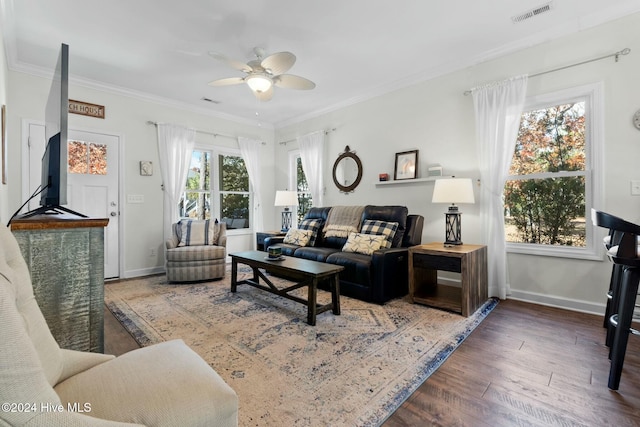 living room with ceiling fan, ornamental molding, and dark wood-type flooring