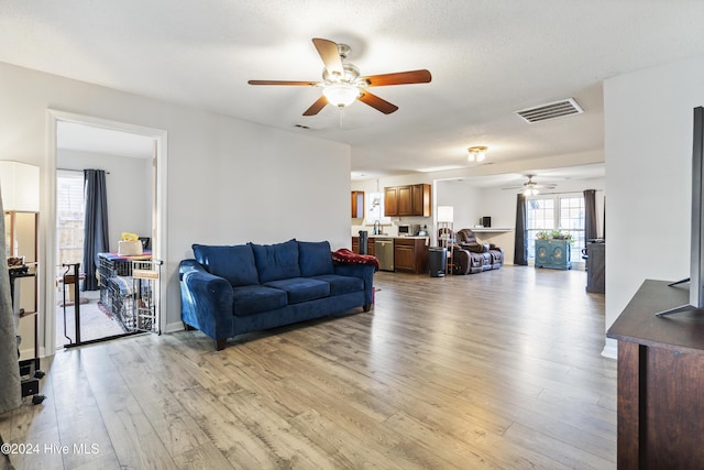 living room with a textured ceiling, light wood-type flooring, and sink