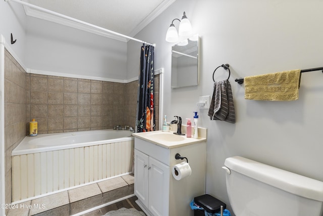 bathroom with vanity, a bathtub, hardwood / wood-style flooring, toilet, and ornamental molding