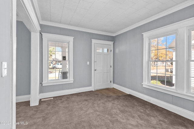 carpeted entryway with ornamental molding