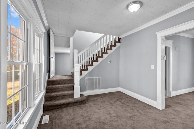 stairs featuring plenty of natural light, carpet floors, and crown molding