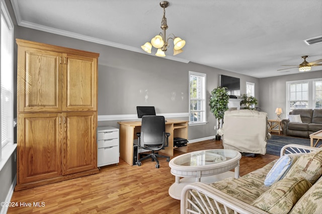 home office featuring plenty of natural light, light hardwood / wood-style floors, crown molding, and ceiling fan with notable chandelier