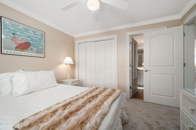 carpeted bedroom with a closet, ceiling fan, and crown molding