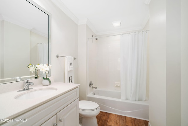 full bathroom with shower / bath combination with curtain, toilet, hardwood / wood-style flooring, vanity, and ornamental molding