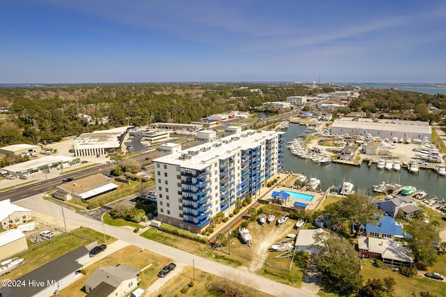 drone / aerial view with a water view