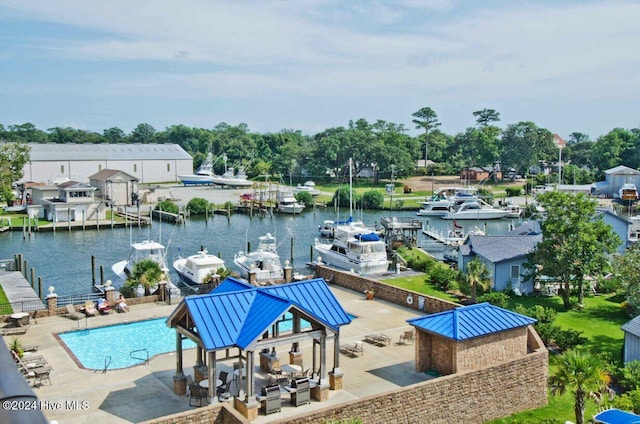 view of pool with a water view