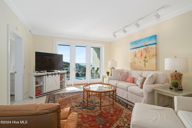 living room featuring ornamental molding and rail lighting