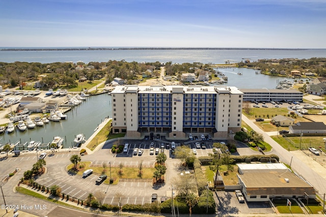 drone / aerial view with a water view