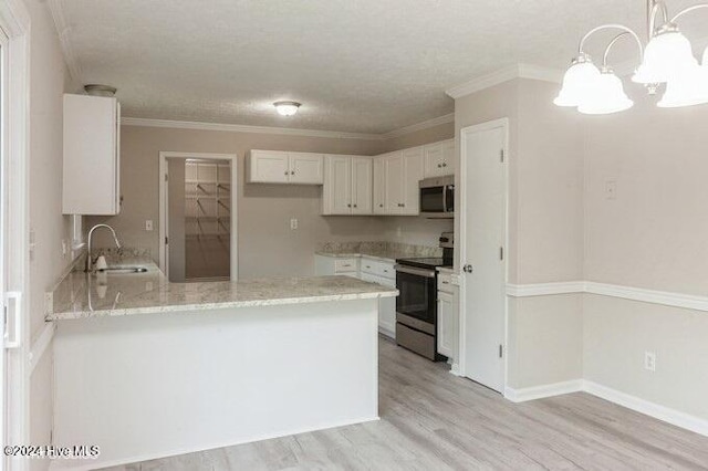 kitchen featuring white cabinetry, stainless steel appliances, kitchen peninsula, decorative light fixtures, and light wood-type flooring