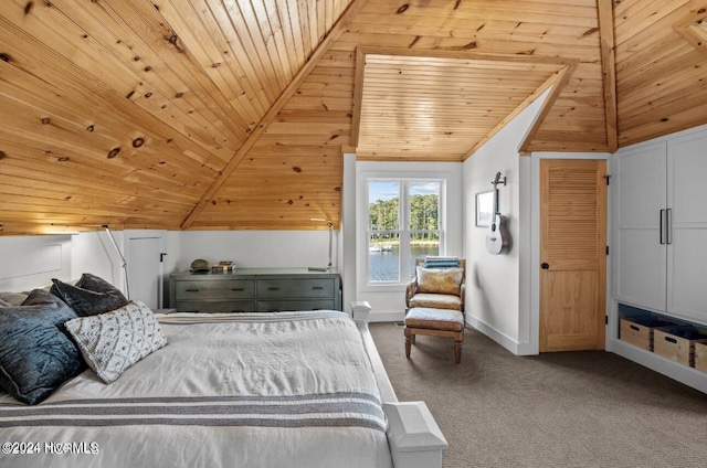 bedroom featuring carpet floors and wood ceiling