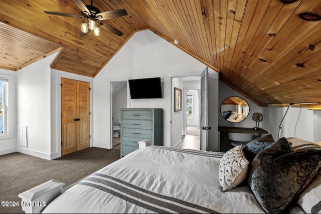 carpeted bedroom with lofted ceiling, multiple windows, wooden ceiling, and ceiling fan