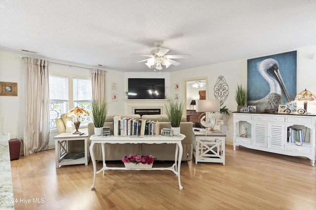 living room with wood-type flooring and ceiling fan