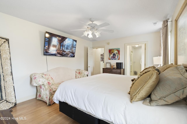 bedroom featuring ceiling fan and light wood-type flooring