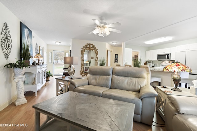 living room featuring hardwood / wood-style floors and ceiling fan