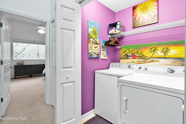 laundry area featuring carpet flooring, washing machine and dryer, and ceiling fan