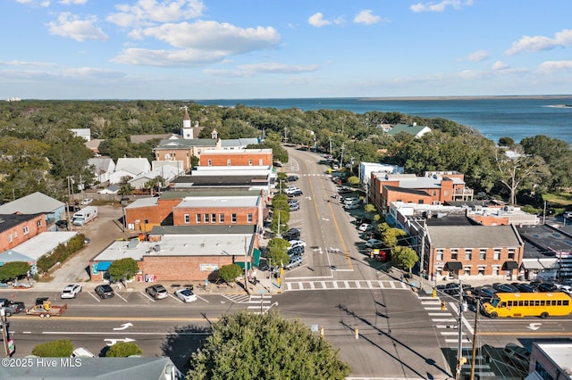 drone / aerial view with a water view