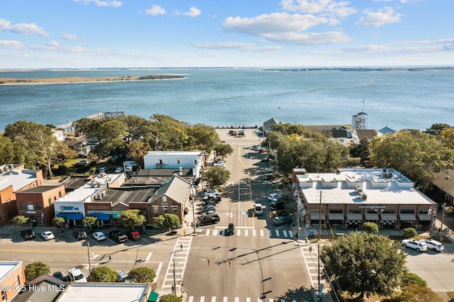 drone / aerial view with a water view