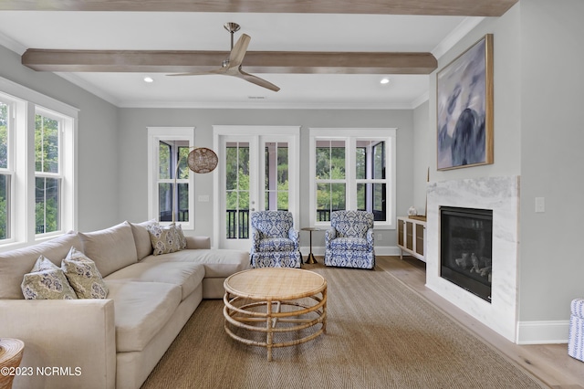 living room featuring ceiling fan, beam ceiling, wood-type flooring, and a fireplace