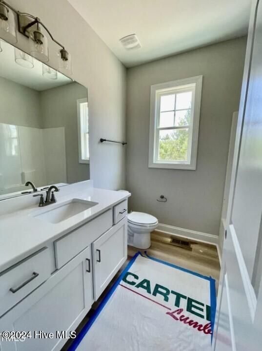 bathroom with toilet, vanity, and hardwood / wood-style floors