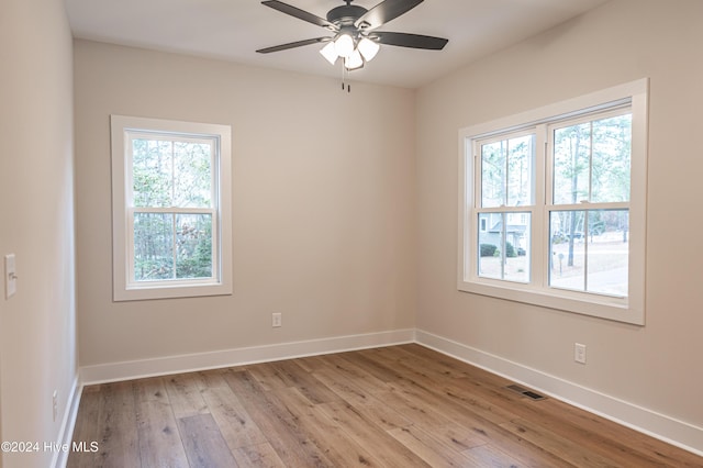 unfurnished room featuring visible vents, ceiling fan, baseboards, and light wood-style floors