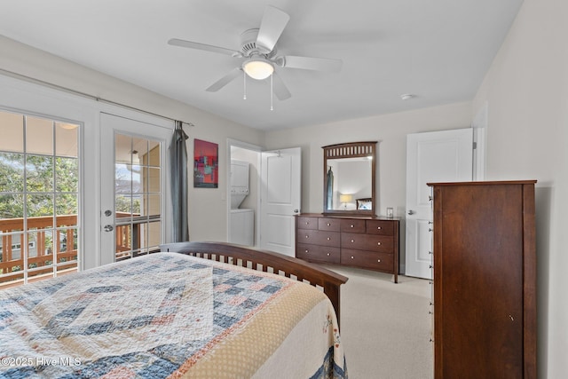 bedroom with access to outside, ceiling fan, and light carpet