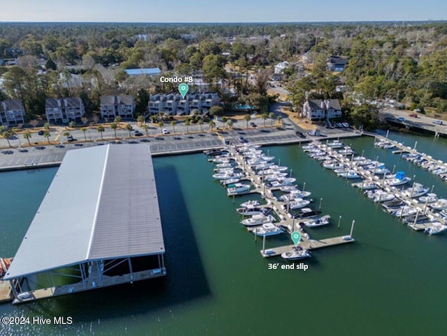 drone / aerial view featuring a water view