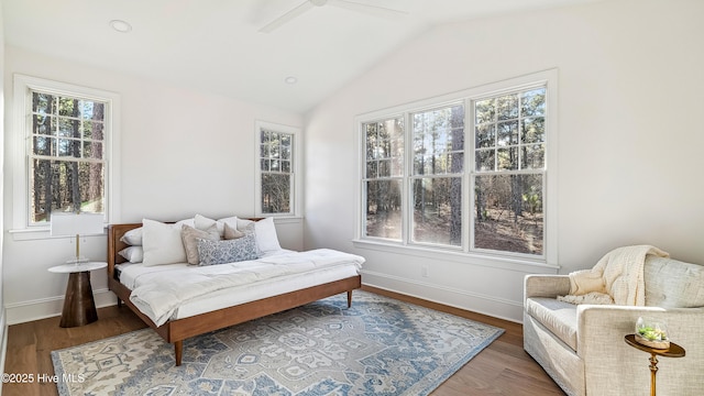 bedroom with lofted ceiling, ceiling fan, hardwood / wood-style floors, and multiple windows