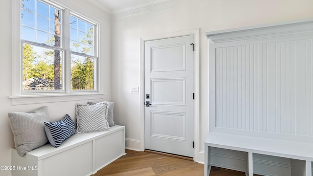 mudroom featuring light hardwood / wood-style floors and crown molding