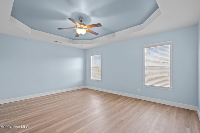 spare room featuring a tray ceiling, plenty of natural light, and light hardwood / wood-style flooring