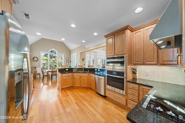 kitchen featuring appliances with stainless steel finishes, tasteful backsplash, light hardwood / wood-style floors, lofted ceiling, and range hood