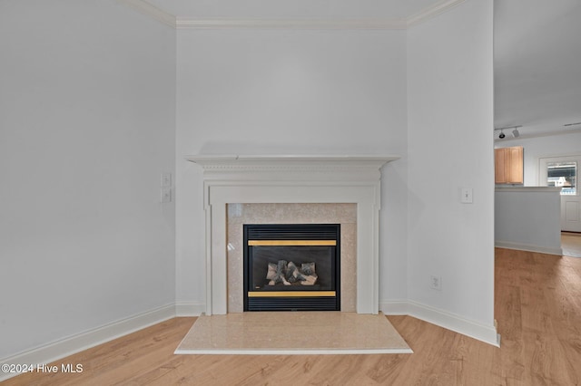 details with wood-type flooring and ornamental molding