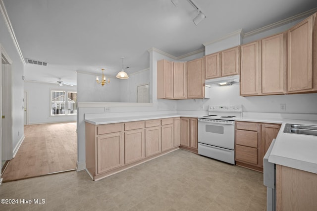 kitchen with white range with electric stovetop, light brown cabinetry, and track lighting