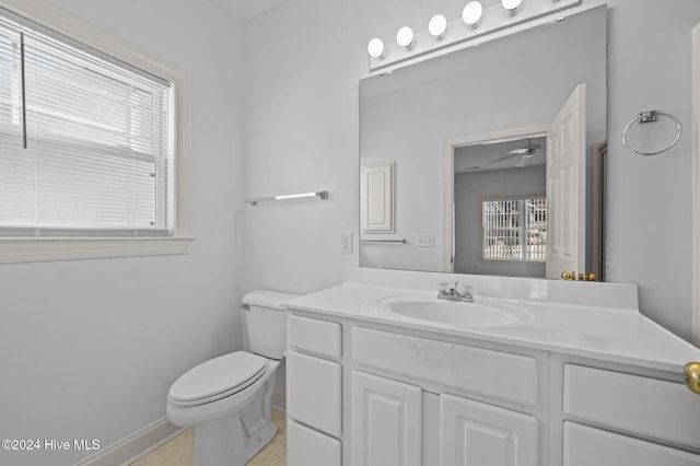 bathroom with vanity, ceiling fan, and toilet