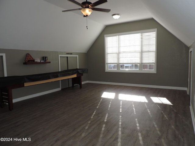 bonus room featuring vaulted ceiling, ceiling fan, dark hardwood / wood-style floors, and billiards