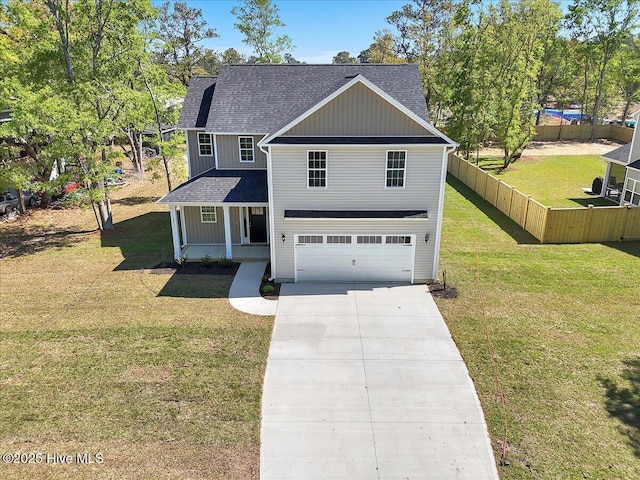 view of front of home featuring a front lawn, a porch, concrete driveway, fence, and an attached garage