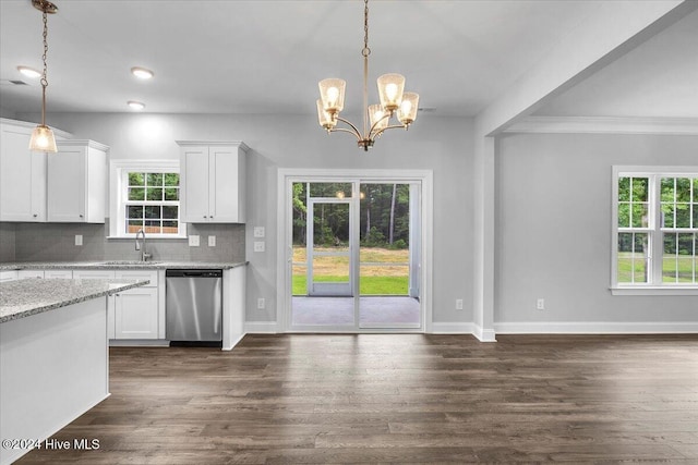 kitchen featuring white cabinetry, stainless steel dishwasher, dark hardwood / wood-style floors, and light stone counters