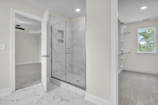 full bath featuring baseboards, recessed lighting, marble finish floor, and a marble finish shower