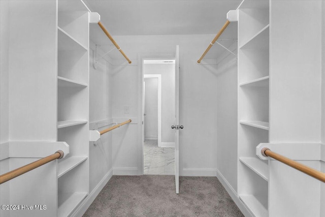 walk in closet with light colored carpet