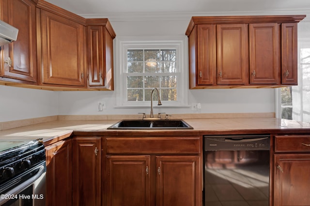 kitchen featuring sink, black appliances, range hood, and ornamental molding