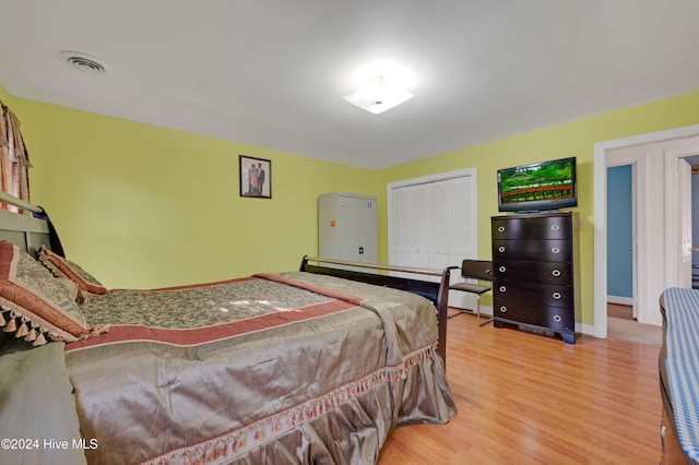 bedroom featuring wood-type flooring and a closet