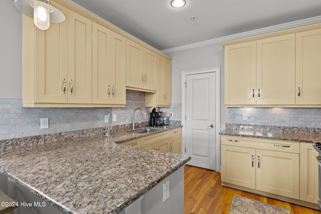 kitchen with sink, tasteful backsplash, light wood-type flooring, stone countertops, and ornamental molding