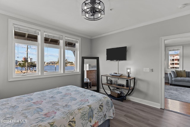 bedroom featuring dark hardwood / wood-style flooring, multiple windows, and ornamental molding