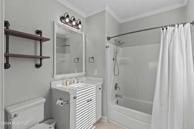 full bathroom featuring shower / bath combination with curtain, vanity, crown molding, tile patterned flooring, and toilet