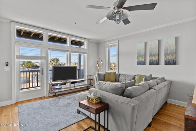 living room with ceiling fan, ornamental molding, and hardwood / wood-style flooring