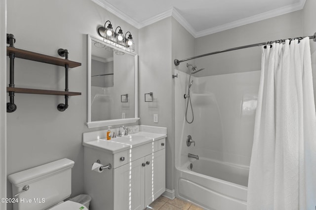 full bathroom with vanity, tile patterned floors, toilet, ornamental molding, and shower / bathtub combination with curtain