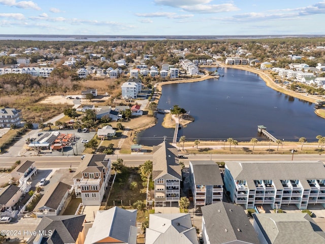 drone / aerial view featuring a water view