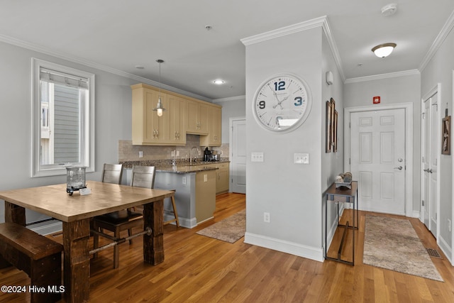 kitchen with sink, light wood-type flooring, and crown molding